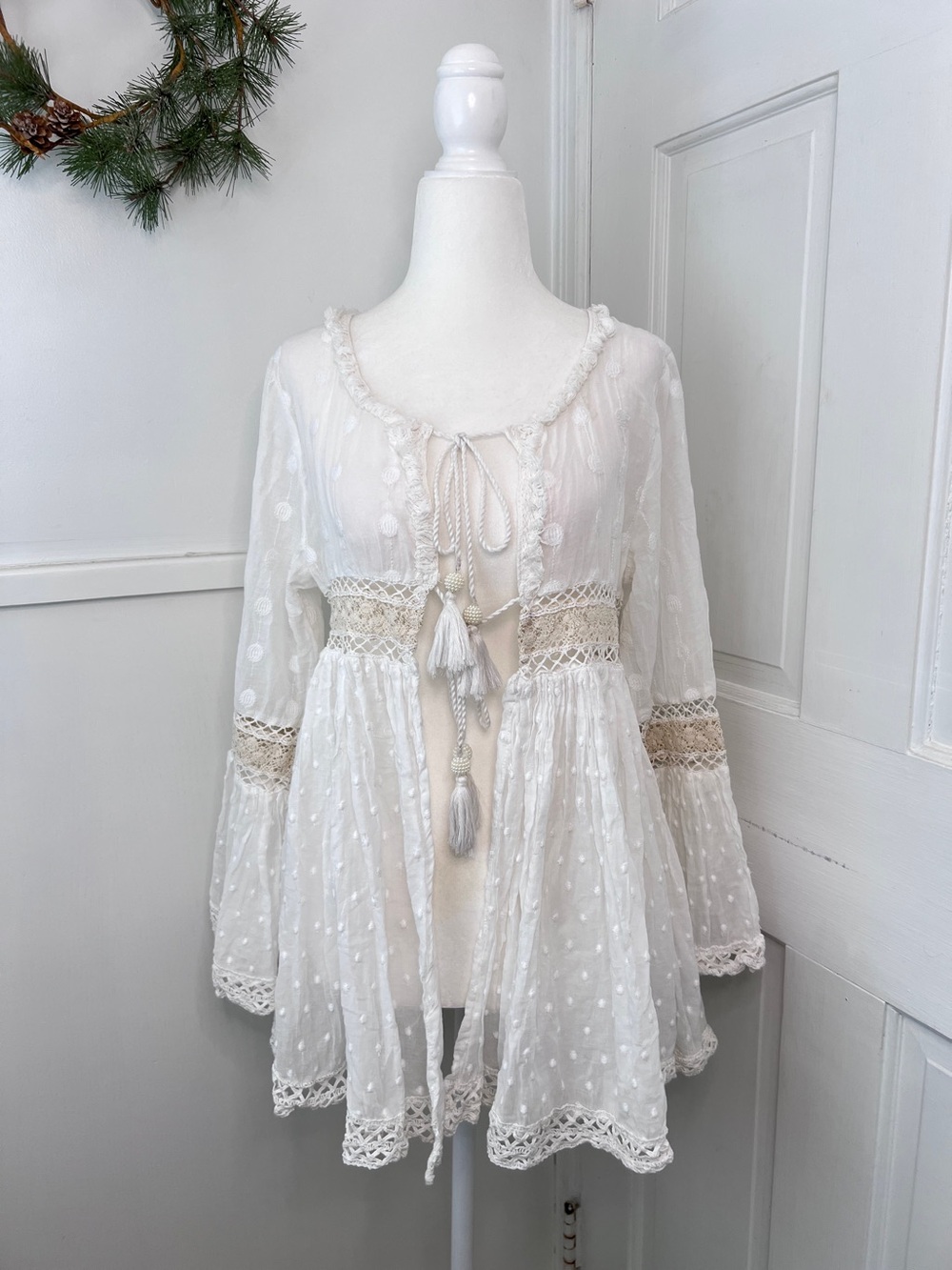 Koala Bay Swiss Dot Babydoll Crochet Lace Tie Front Tassel Bell Sleeve Top NWT
